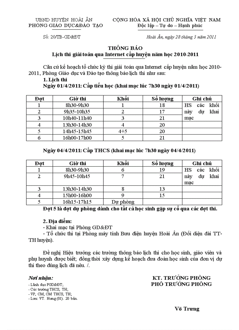 Thông báo thi giải toán qua internet cấp huyện 10 11
