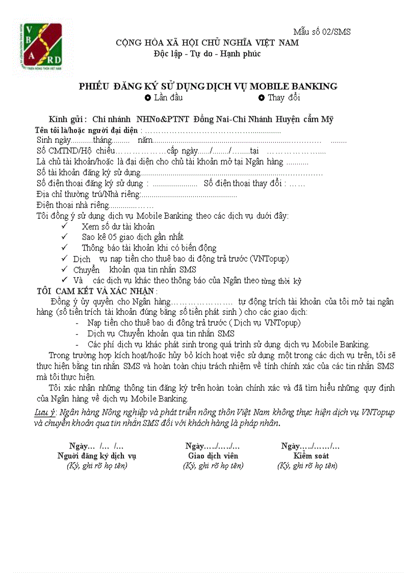 Mau dang ky SMS banking