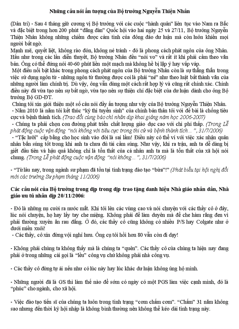Những câu nói ấn tượng của BT Nguyễn Thiện Nhân