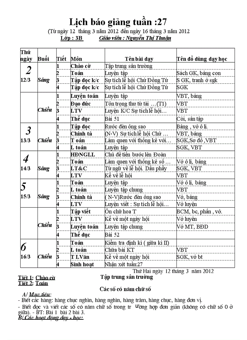 Lịch báo giảng lớp 3b thuận mèo