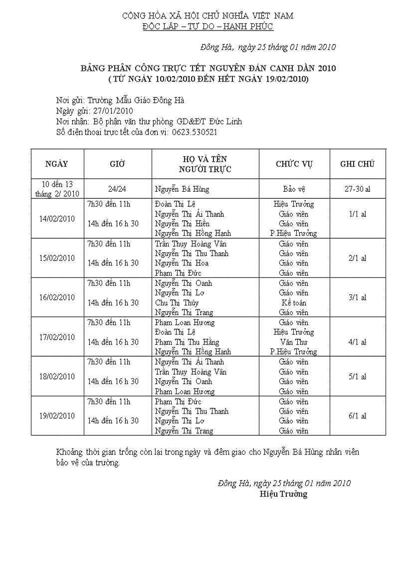 Lịch trực tết MG Đông Hà