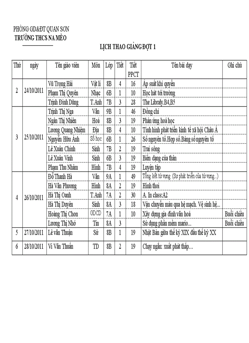 Lịch thao giảng HK1 năm học 2011 2012