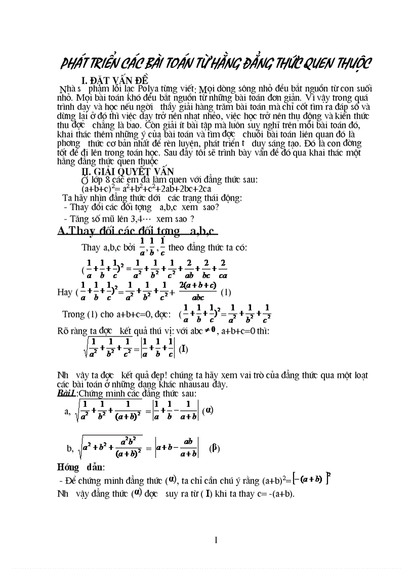 Phát triển bài Toán từ hằng đẳng thức quen thuộc