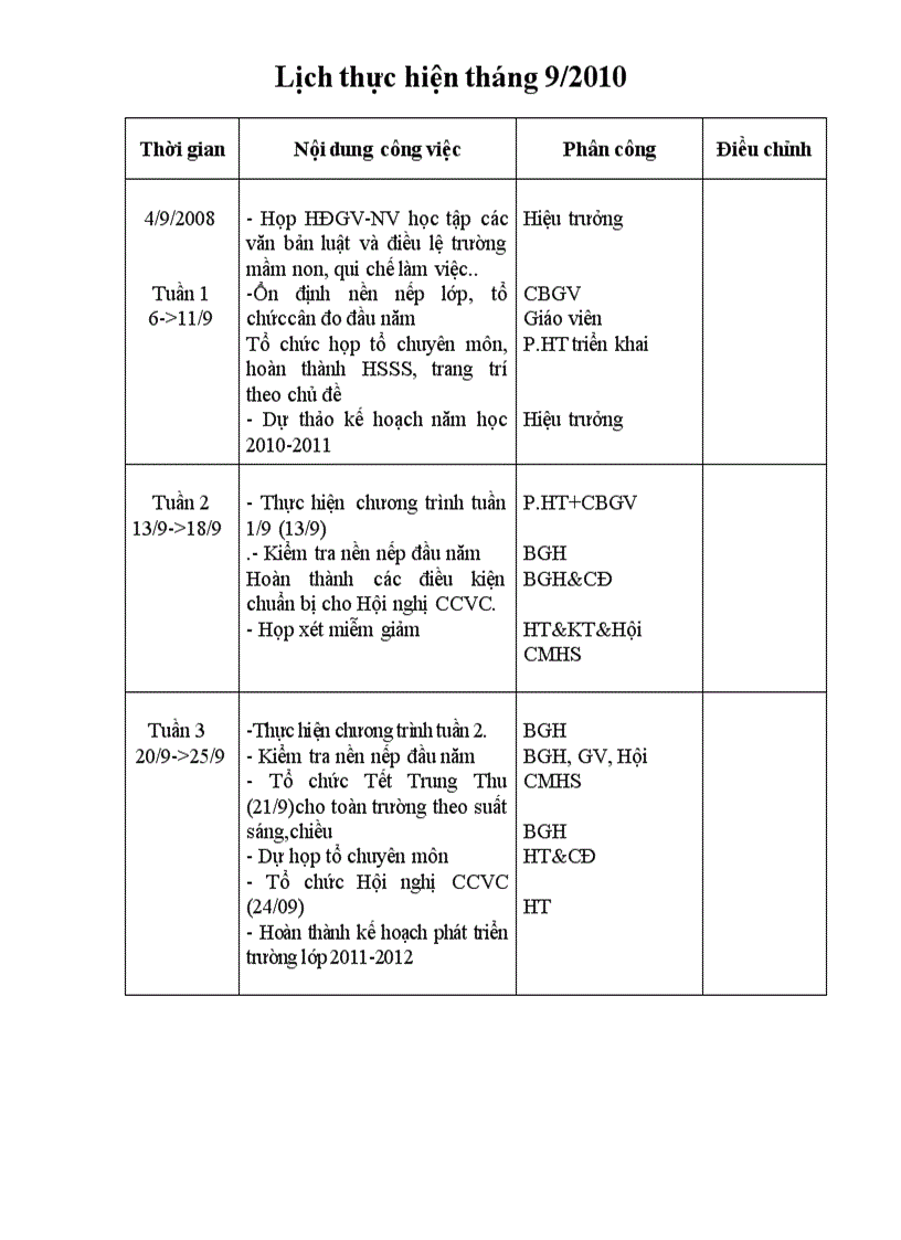 Lịch thực hiện tháng 9 10 11