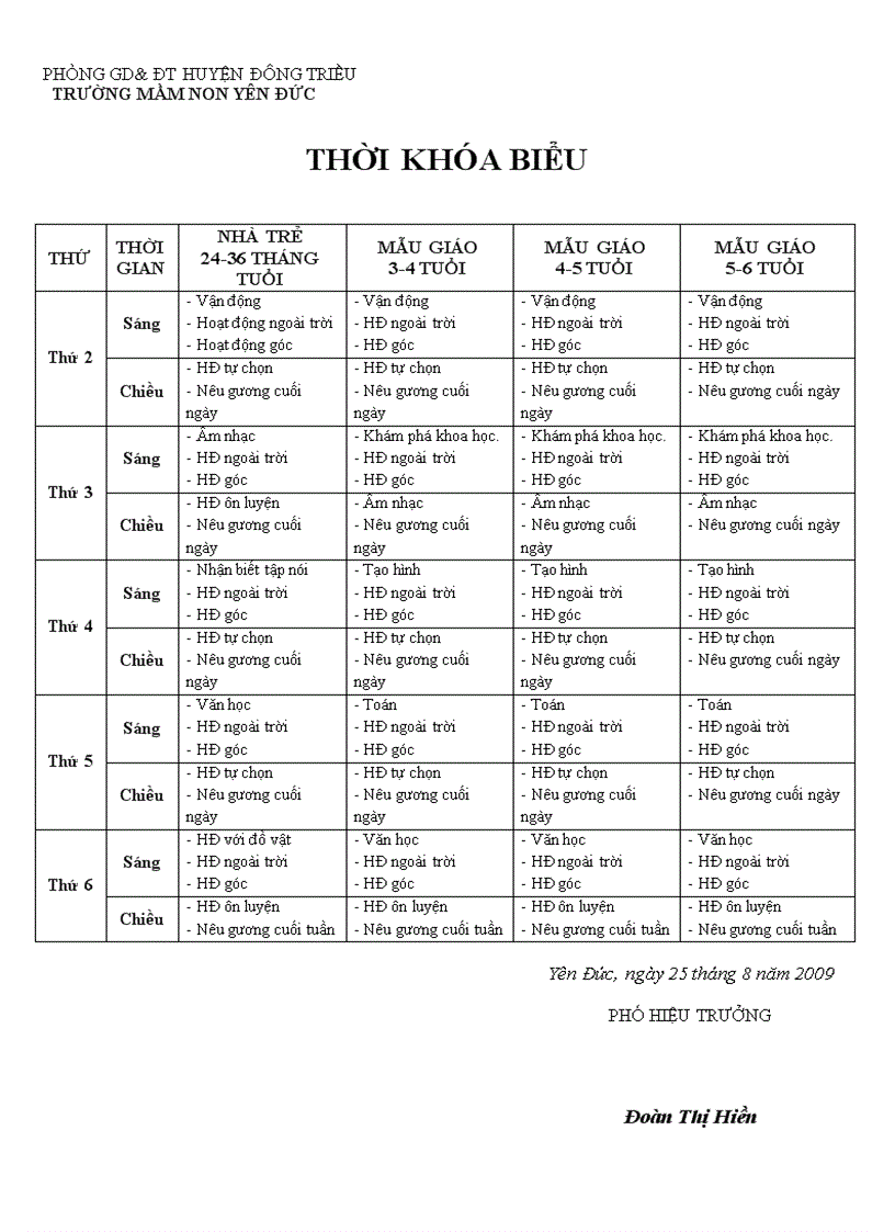 Thời khóa biểu trường MN Yên Đức năm học 2009 2010