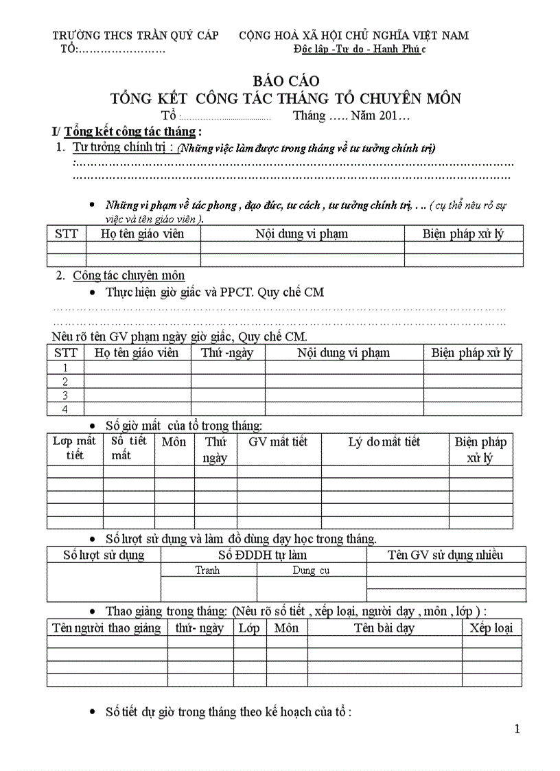 Mẫu báo cáo tổng kết công tác tháng tổ chuyên môn