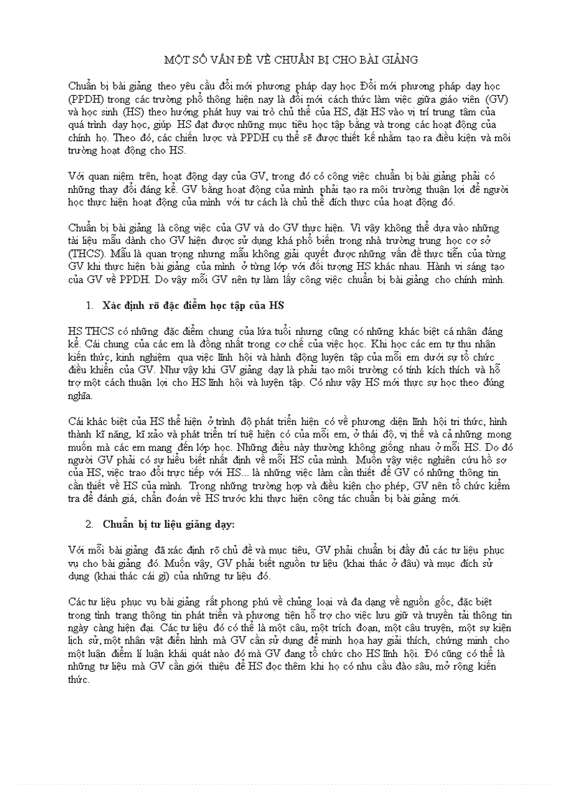 Một số vấn đề về chuẩn bị cho bài giảng