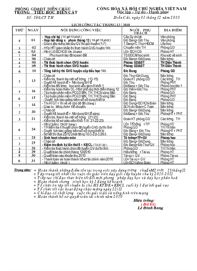 Lịch công tác tháng 12 năm 2010