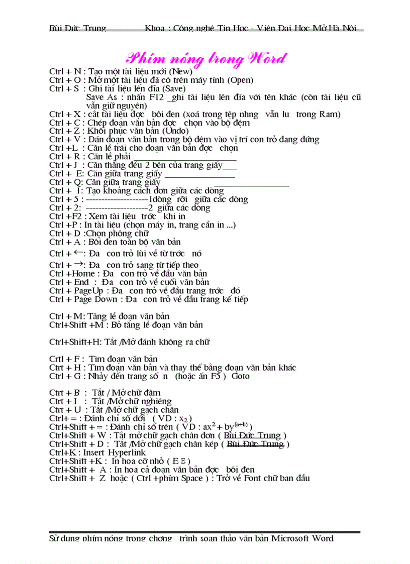 Phím tắt trong word