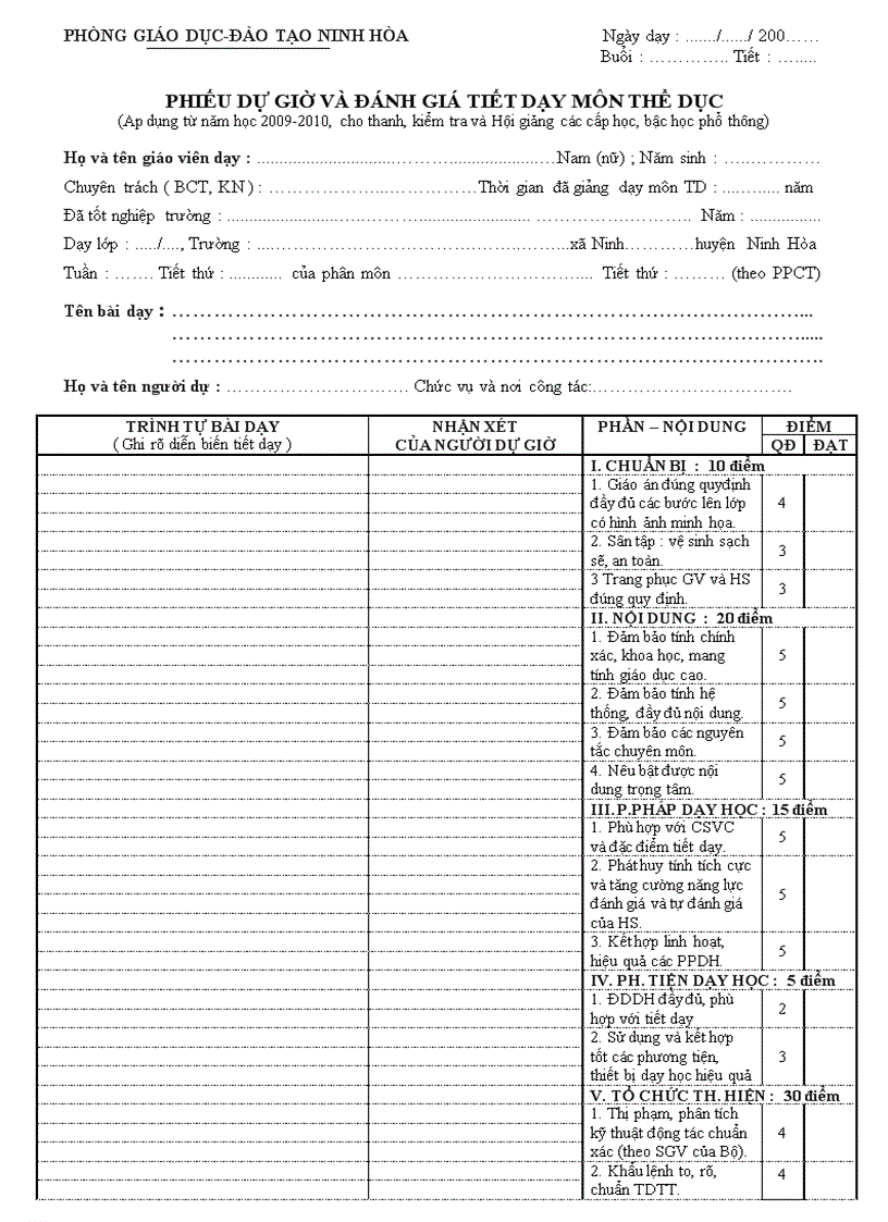 Phiếu đánh giá tiết dạy môn Thể dục
