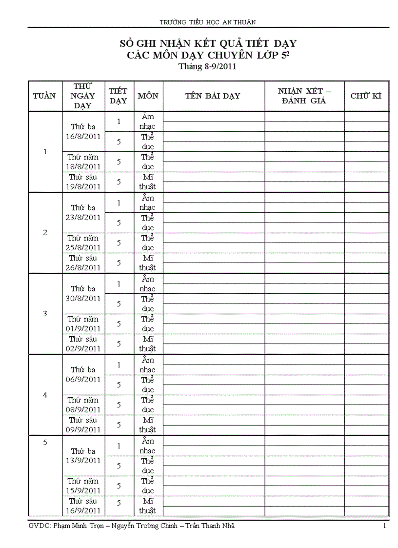 Mẫu sổ ghi nhận tiết dạy các môn chuyên
