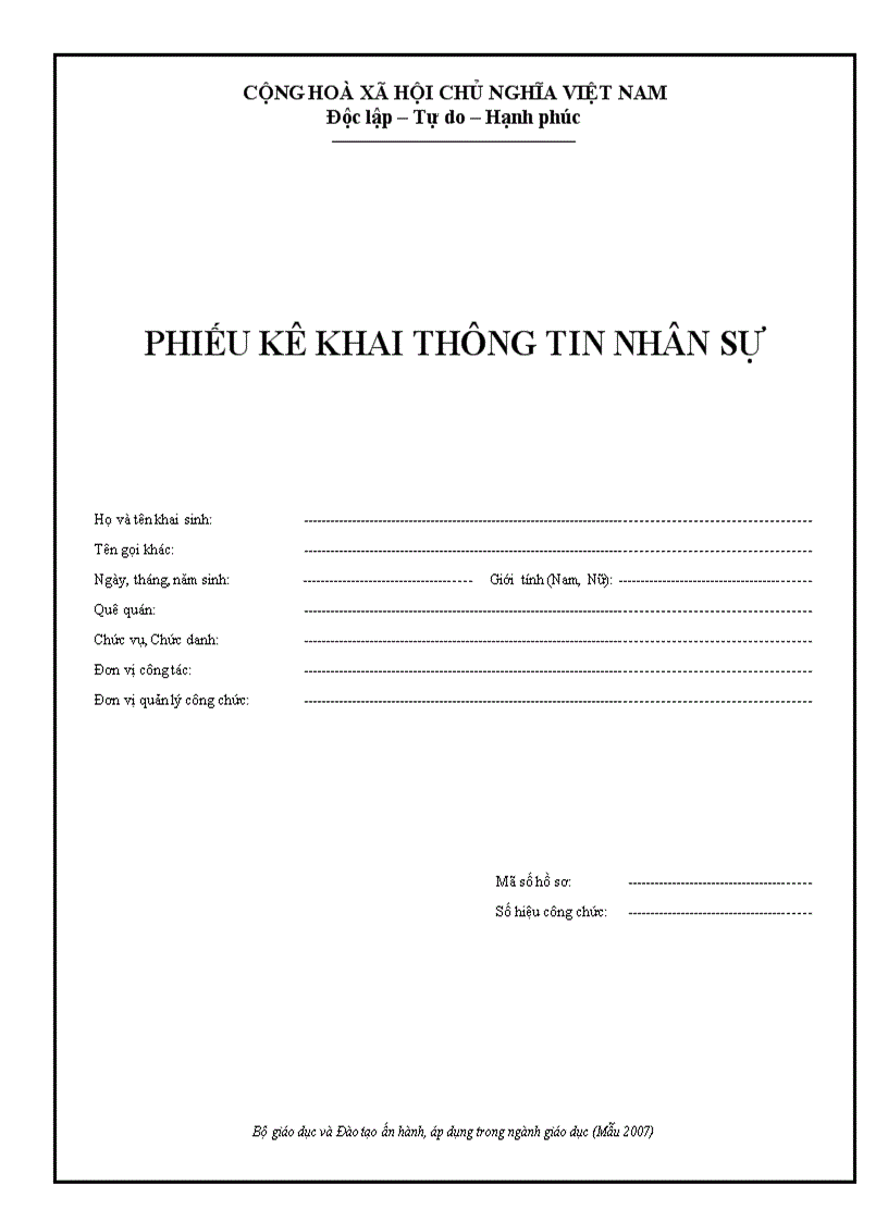 Phiếu kê khai thông tin nhân sự