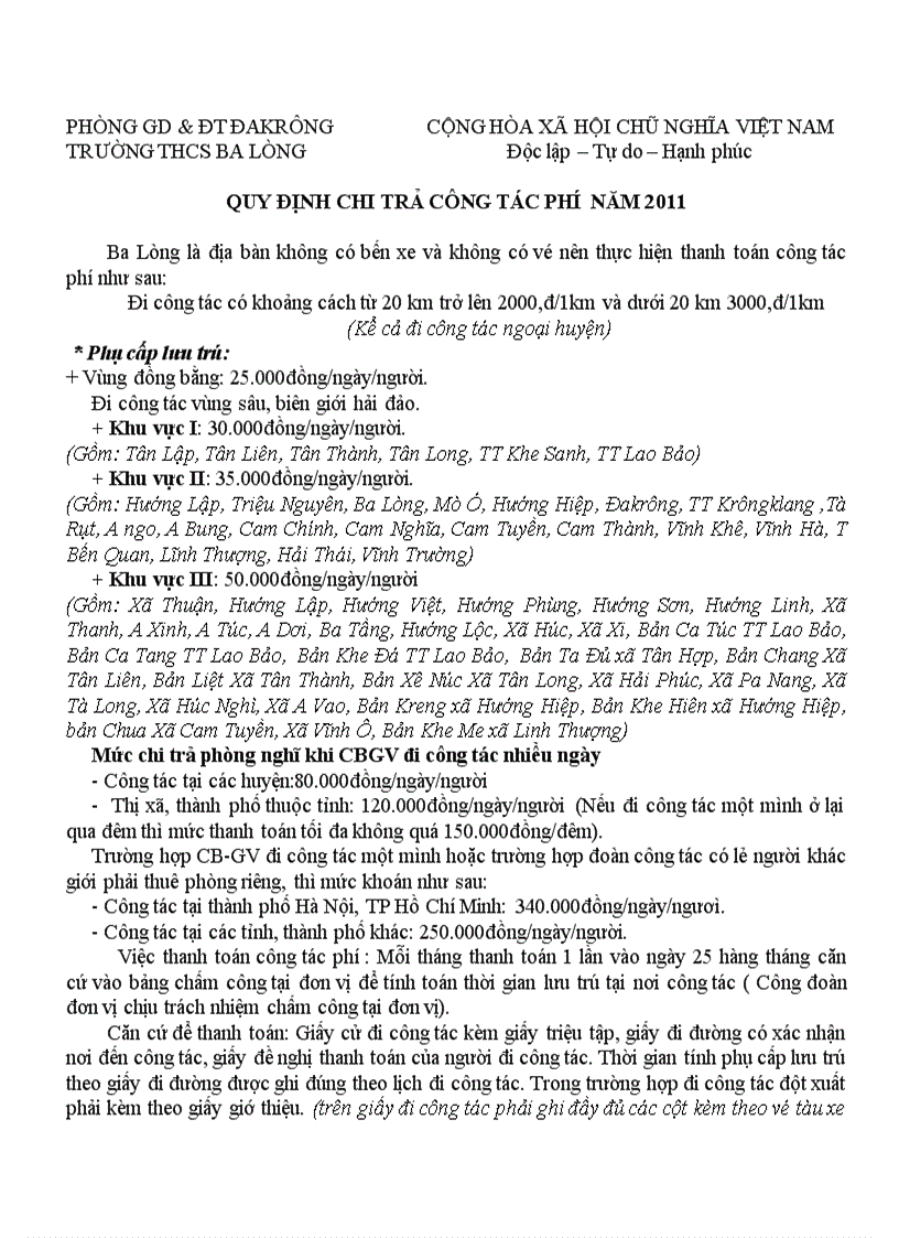 Quy đinh chi trả công tác phí năm 2011