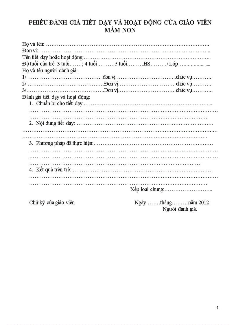 Phiếu đánh giá tiết dạy giáo viên mầm non