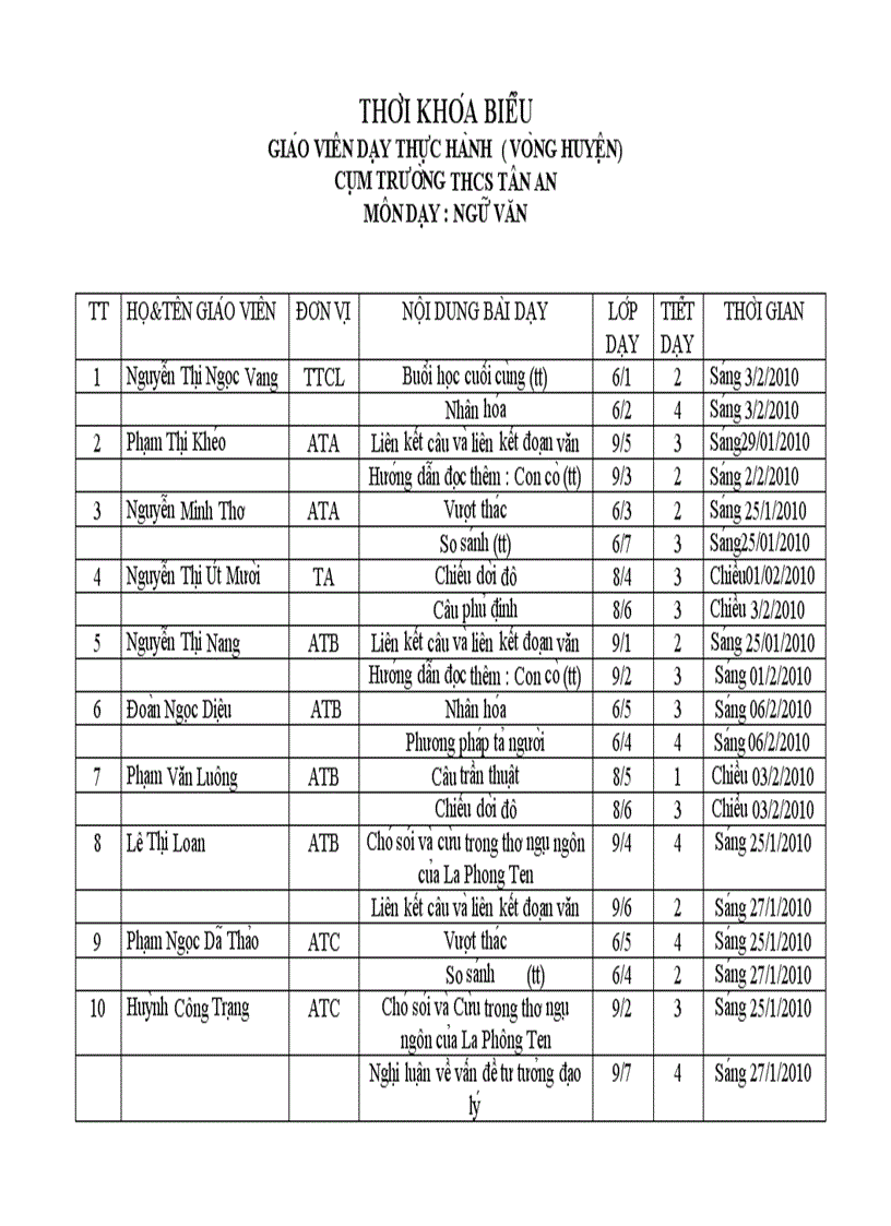 Thời Khóa biểu GV dạy giỏi Huyện môn Ngữ văn