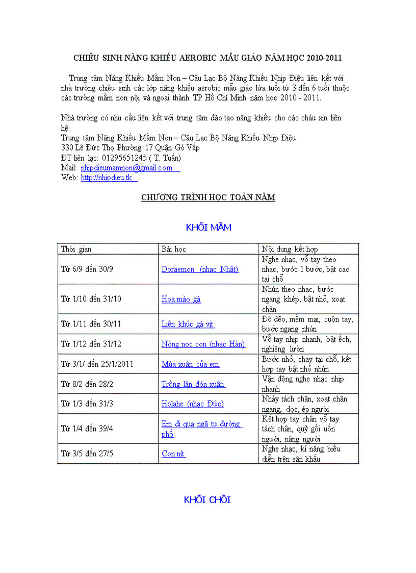 Liên kết đào tạo aerbic mẫu giáo năm học 2010 2011