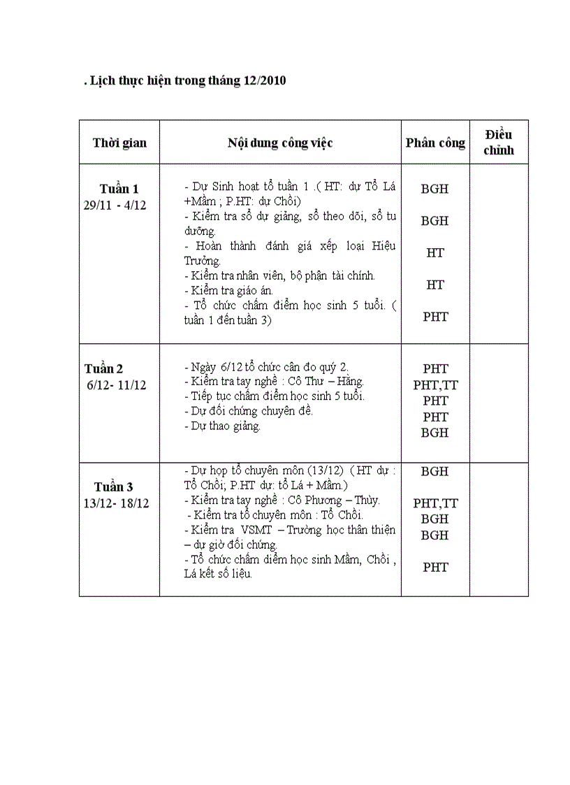 Lịch thục hiện tháng 12 và 1 2011