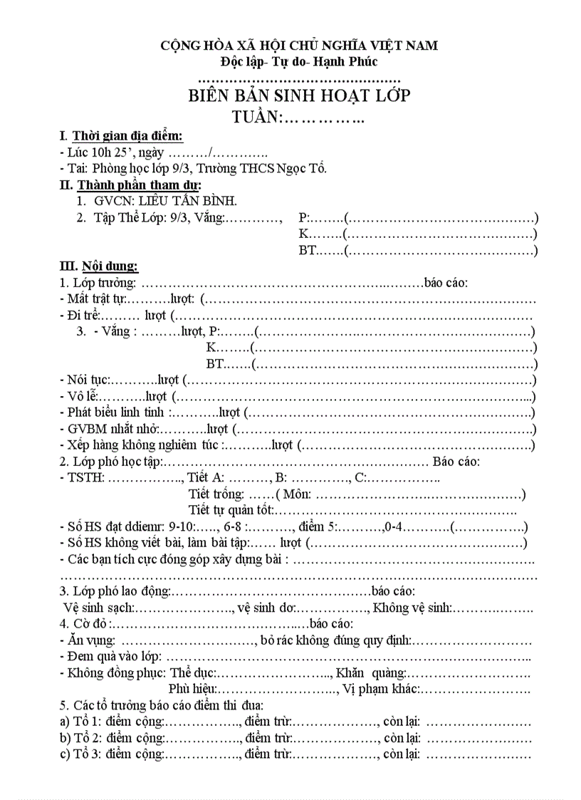 Mẫu biên bản sinh hoạt lớp