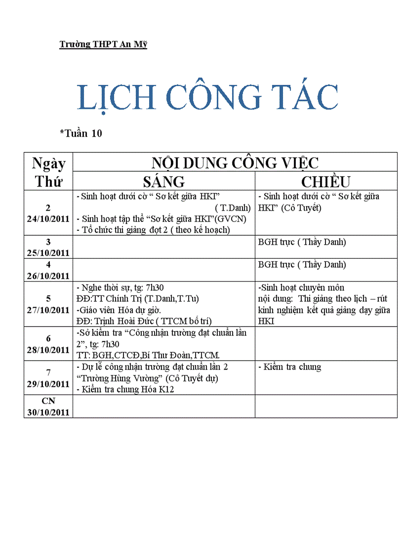 Lịch Công Tác Tuần 11