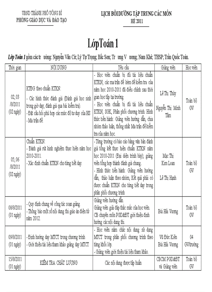 Lịch học hè 2011