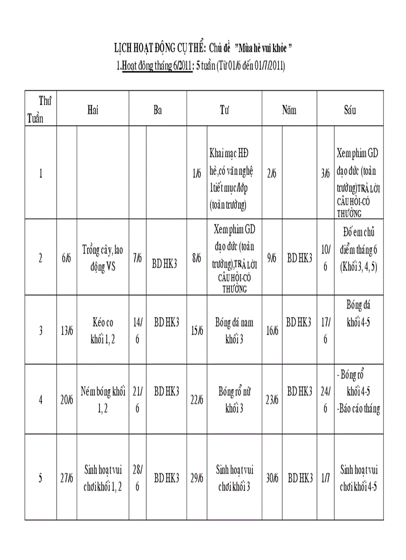 Lịch hoạt động hè 2011