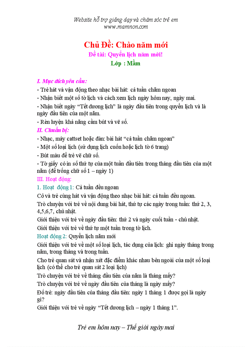 Quyển lịch của bé