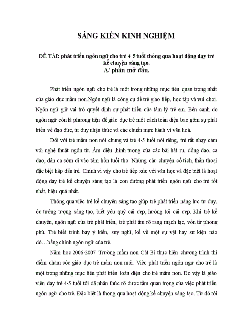 SKKN phát triển ngôn ngữ cho trẻ 4 5 tuổi thông qua hoạt động dạy trẻ kể chuyện sáng tạo