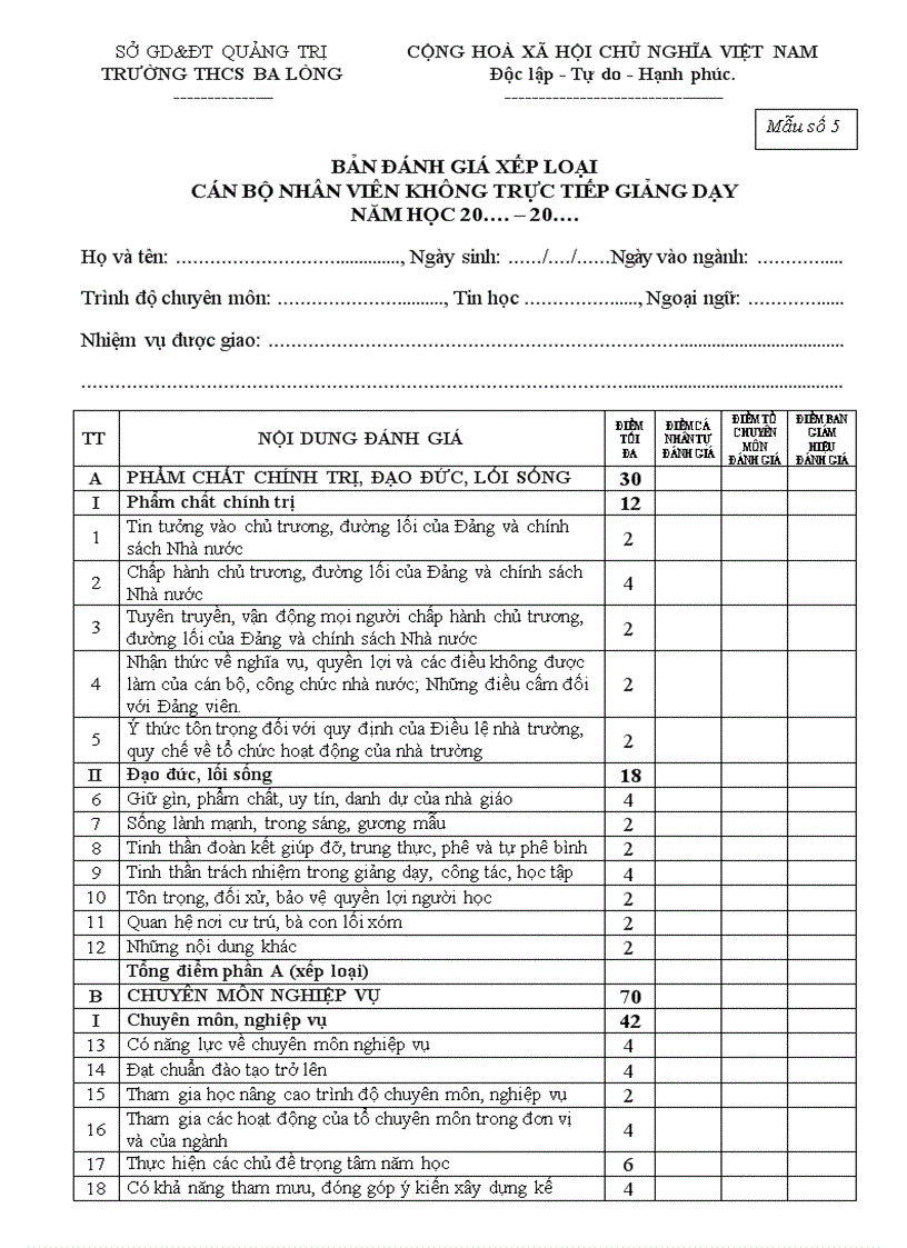 Phiếu đánh giá nhân viên thcs