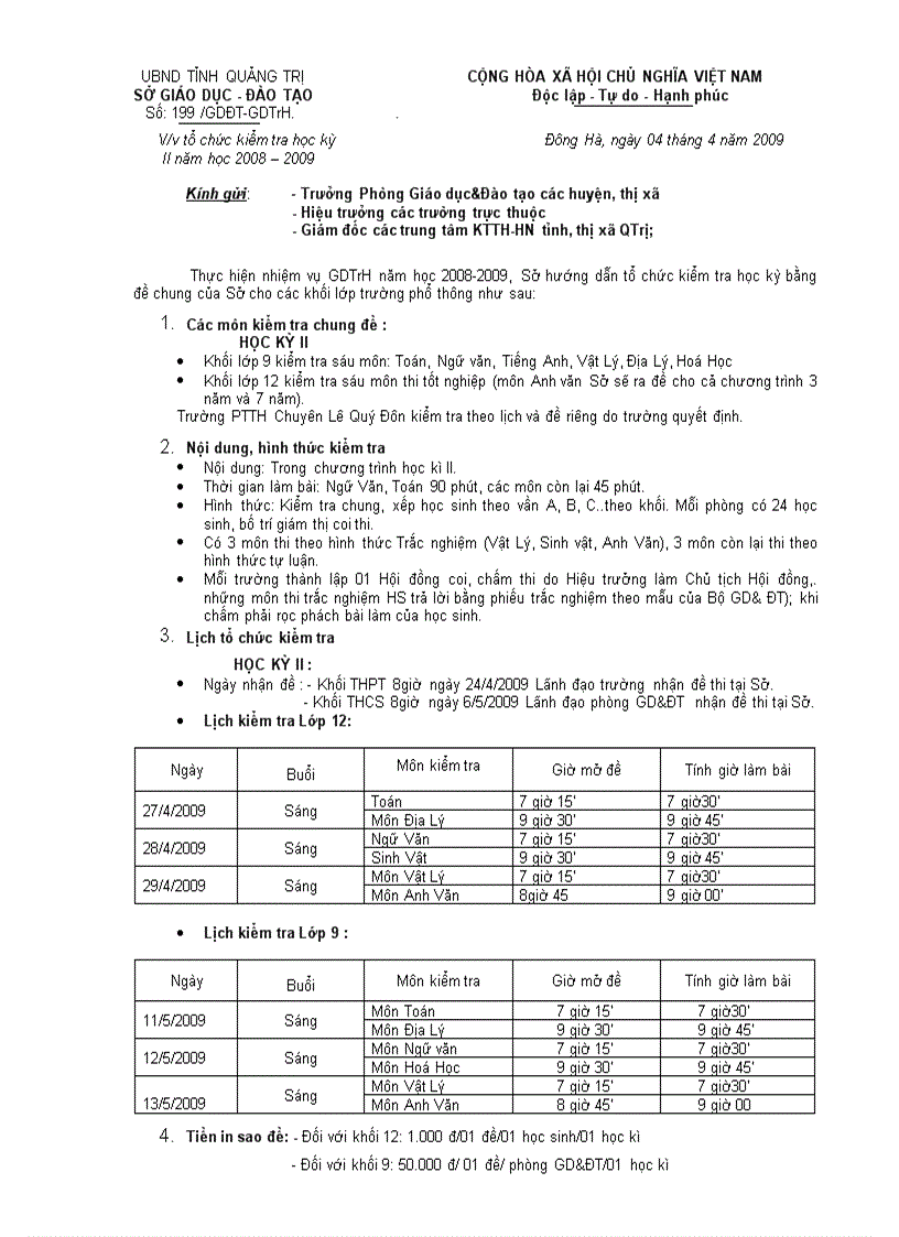 Thông báo của sở về thi hkii