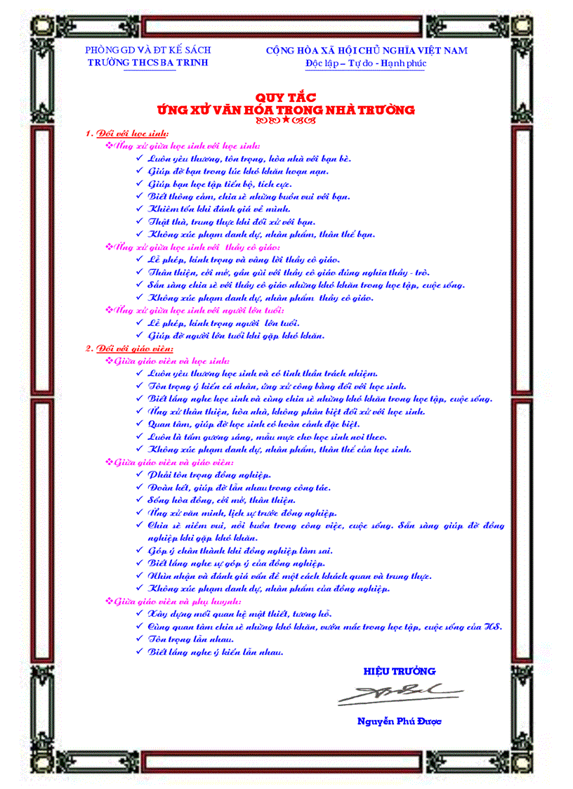 Quy tắc ứng xử trường THCS Ba Trinh