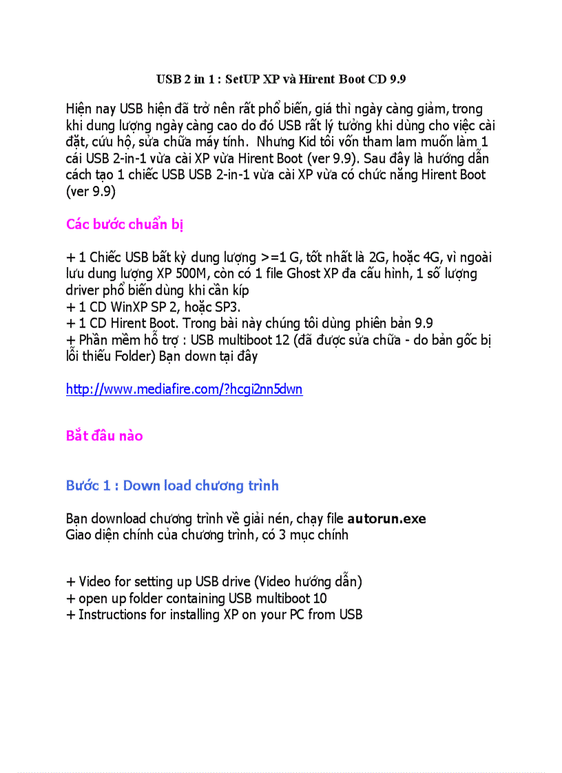 USB 2 in 1 SetUP XP và Hirent Boot CD 9 9