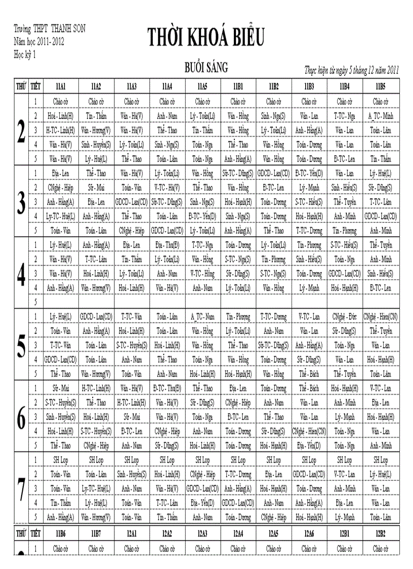 Thời khóa biểu buổi sáng 1