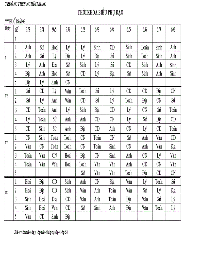 Thời khóa biểu phụ đạo 1