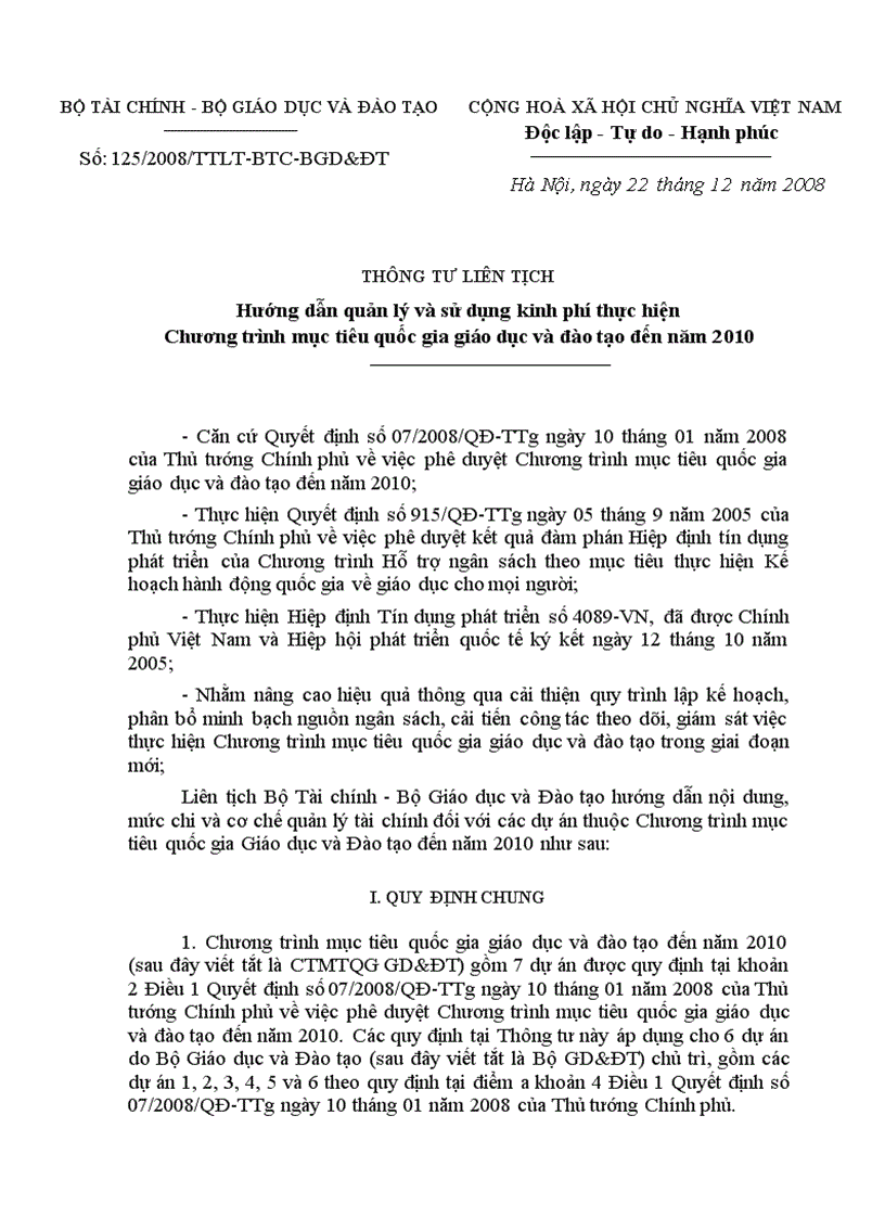 Thông tư hướng dẫn quản lý và sử dụng kinh phí thực hiện chương trình mục tiêu quốc gia giáo dục và đào tạo đến năm 2010