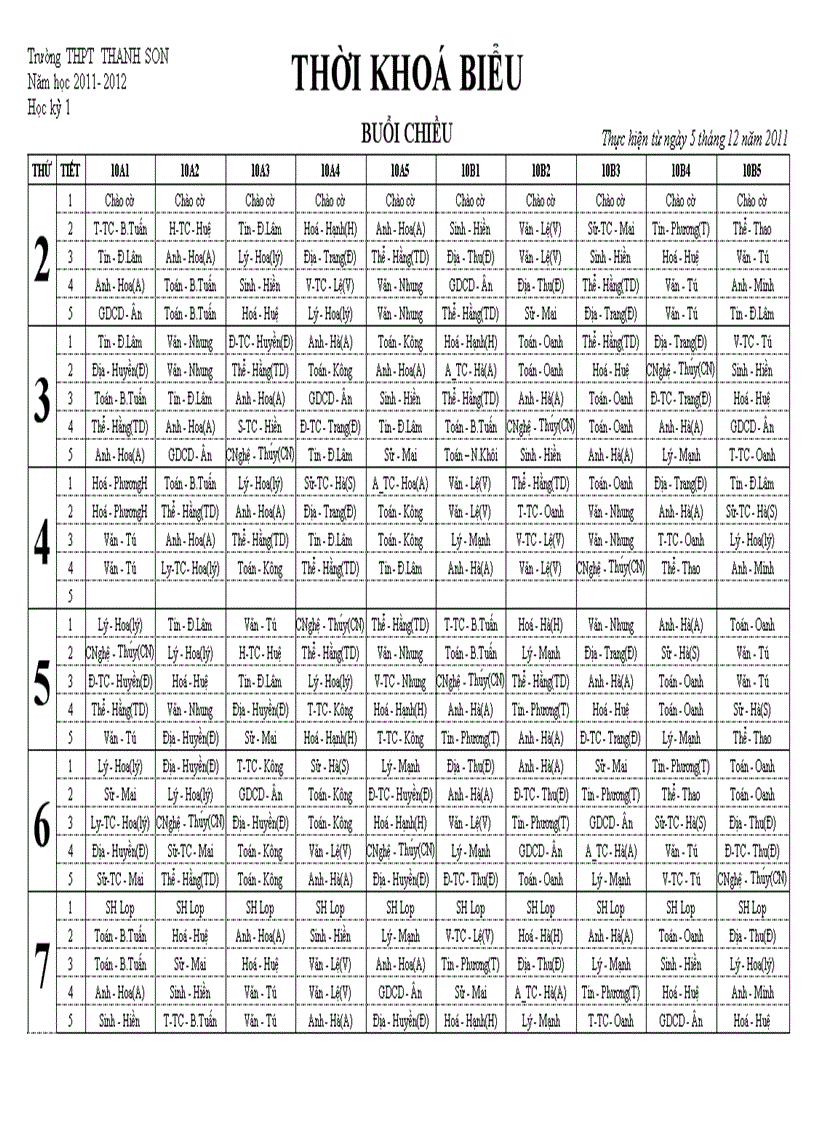 Thời khóa biểu buổi chiều 1