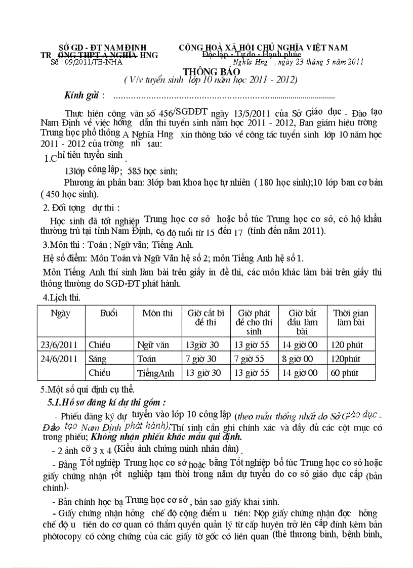 Tuyển sinh vào Nghĩa Hưng A năm học 2011 2012