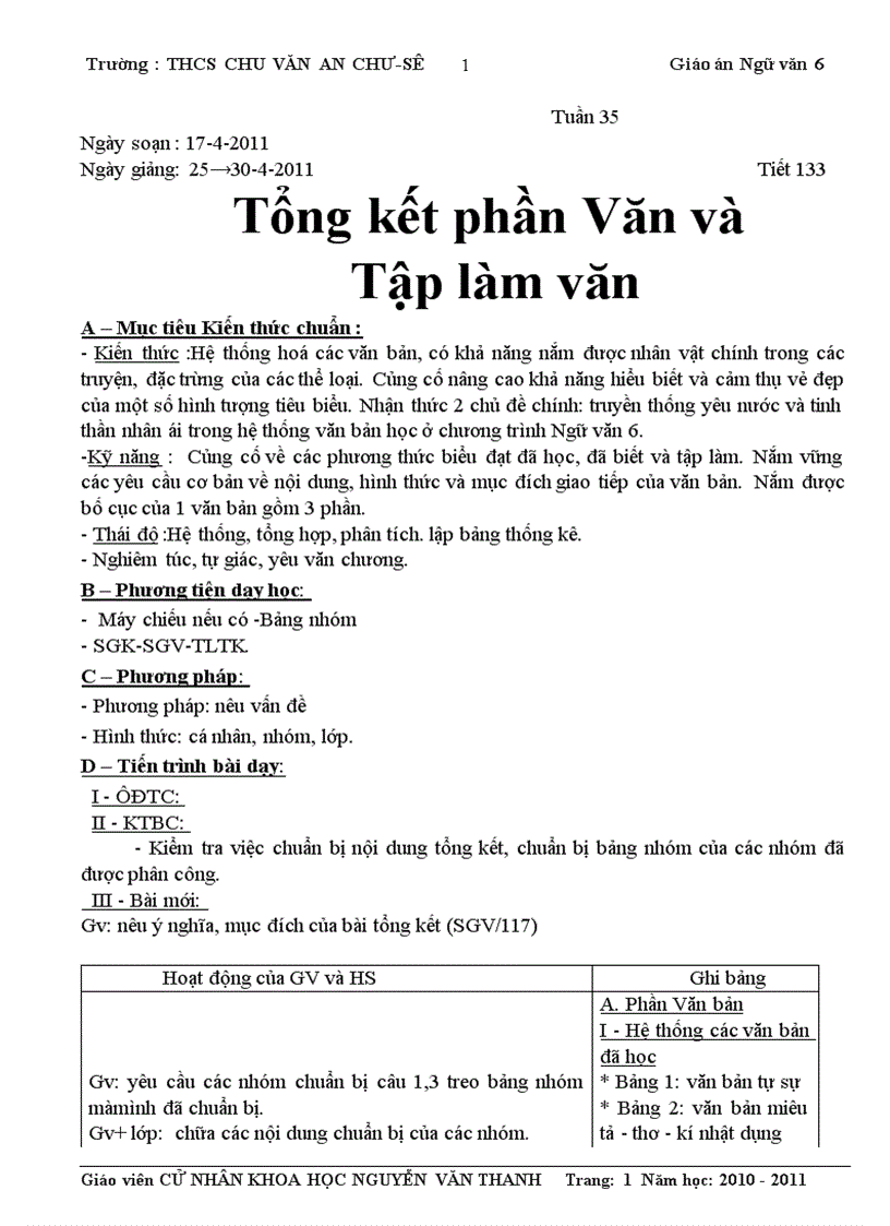 Giáo án tuần 35 Tổng kết phần văn