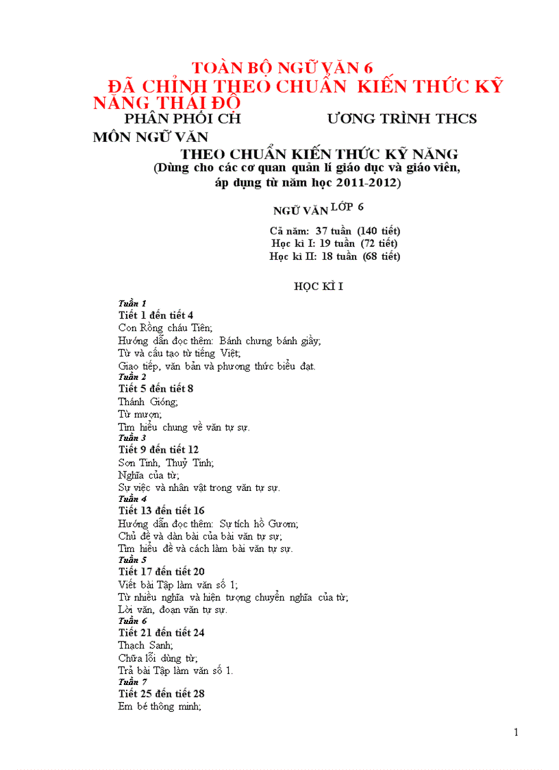 Giáo án ngữ văn 6 theo chuẩn KTKN 2011 2012