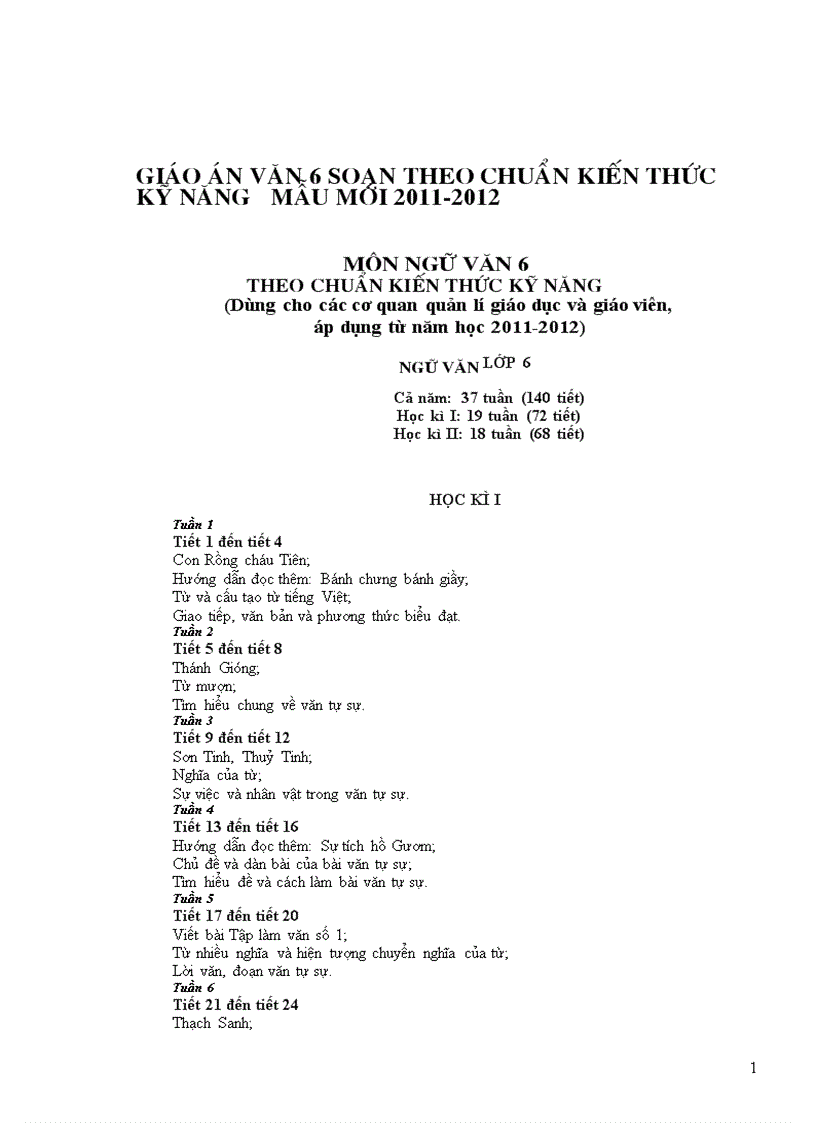 Giáo án văn 6 chuẩn theo sách mới 2011 2012