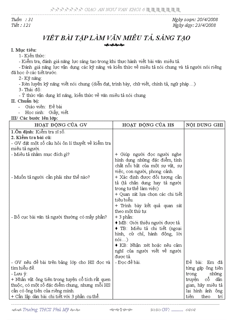 Giao an ngu van 6 tuan 31 32 3 cot