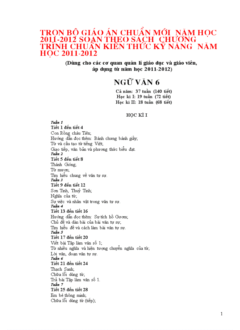 Giáo án ngữ văn 6 theo chuẩn 2012