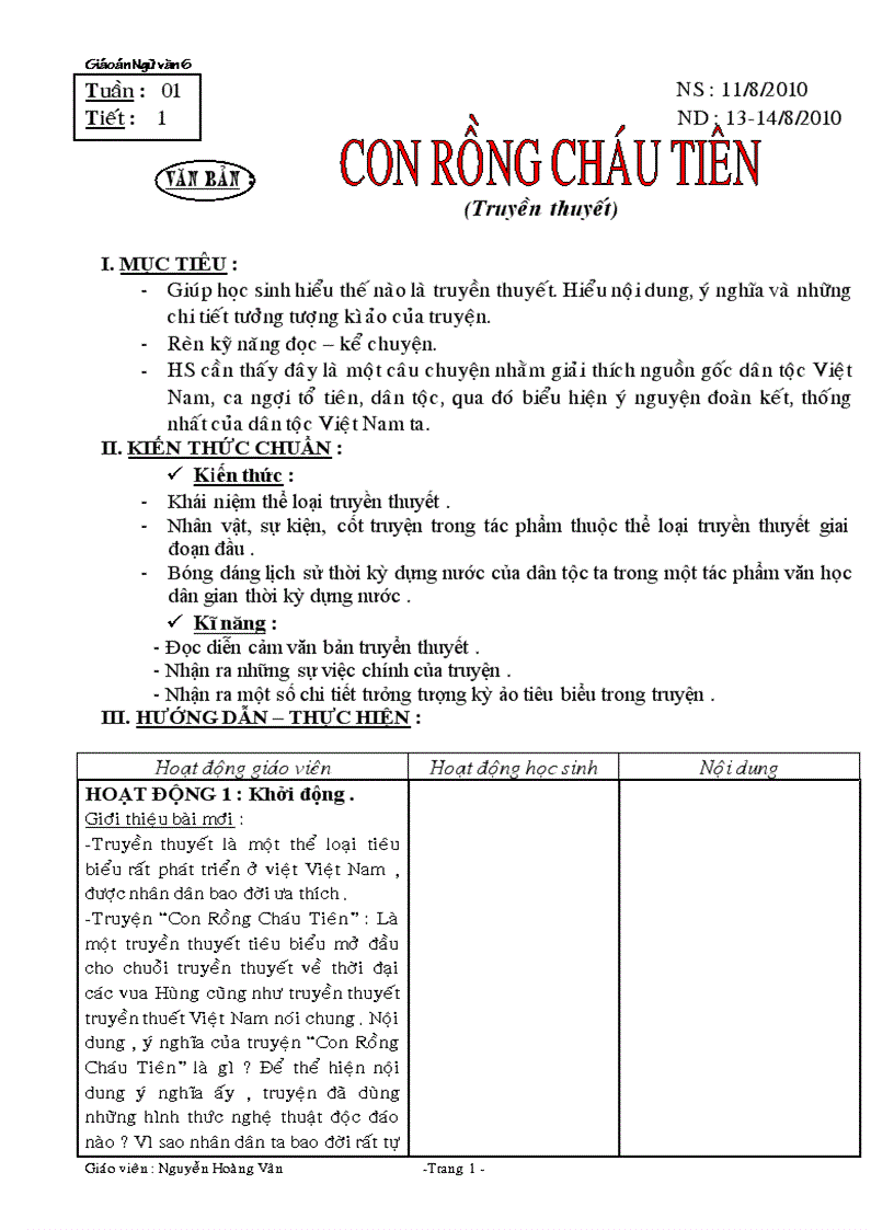 Giáo án 6 theo chuẩn tuần 1 8