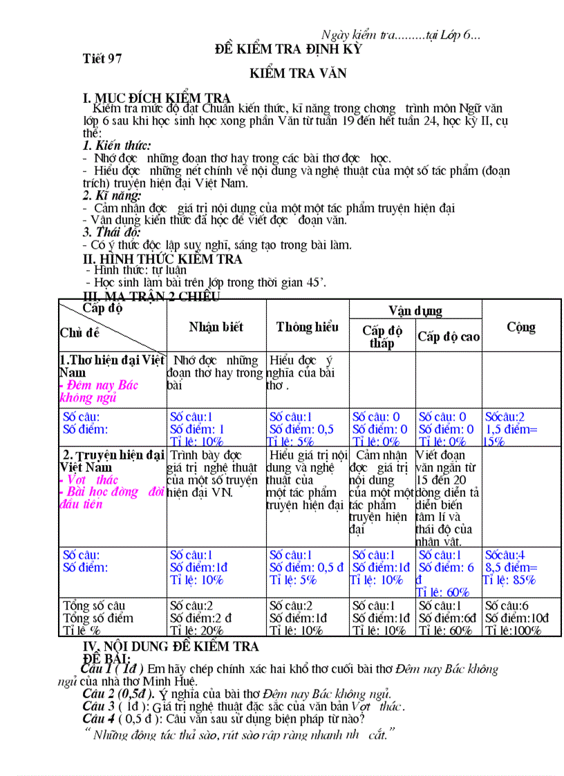 Đề kiểm tra 1 tiết Văn 6 Tiết 97 mới