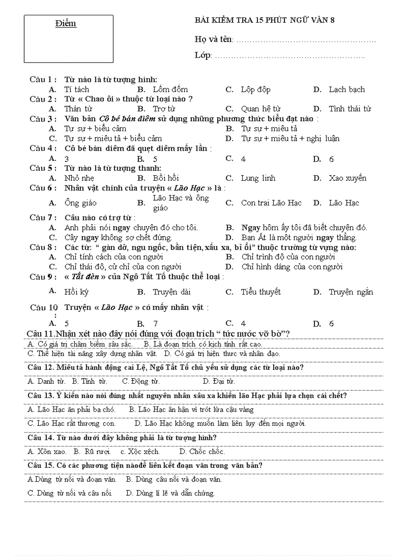 Bài kiểm tra 15 văn 8