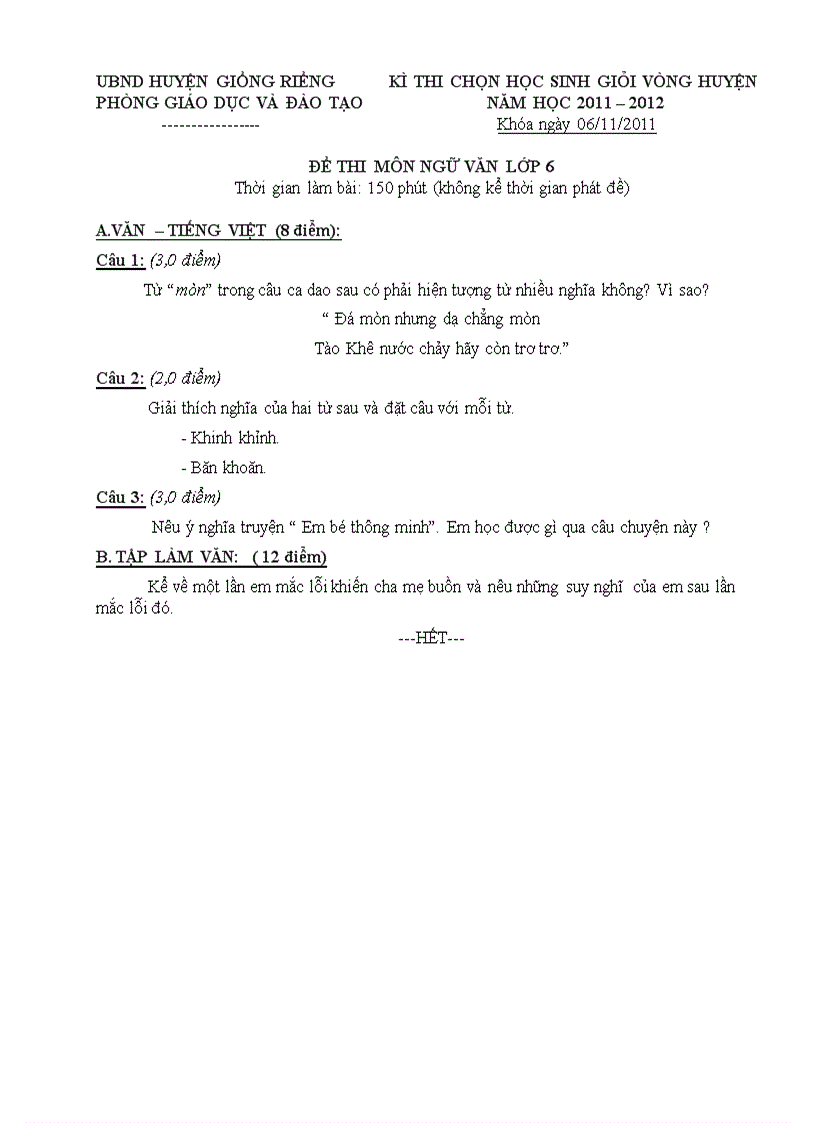 Đề thi HSG Ngữ văn 6 cấp huyện