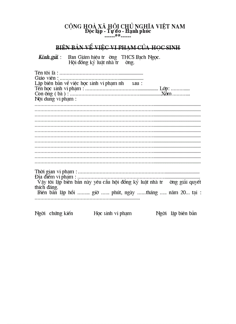 Biên bản vi phạm học sinh