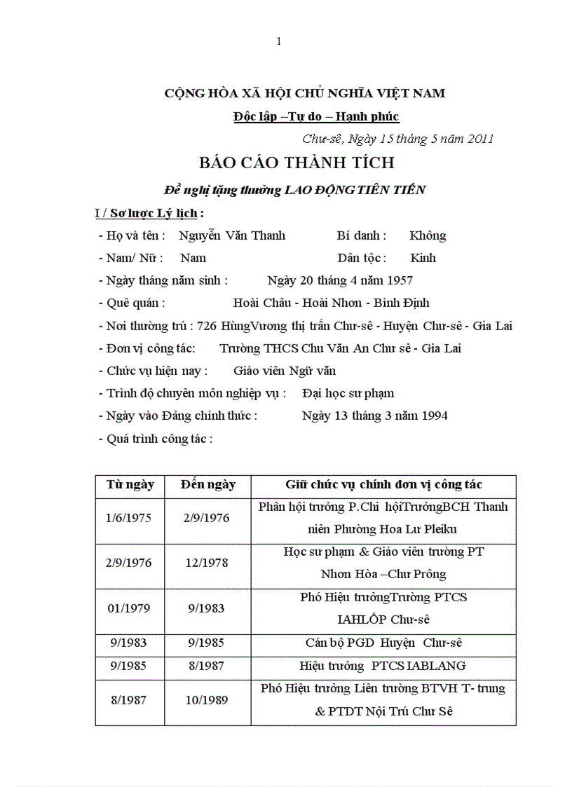 Bảng thành tích năm 2010 2011