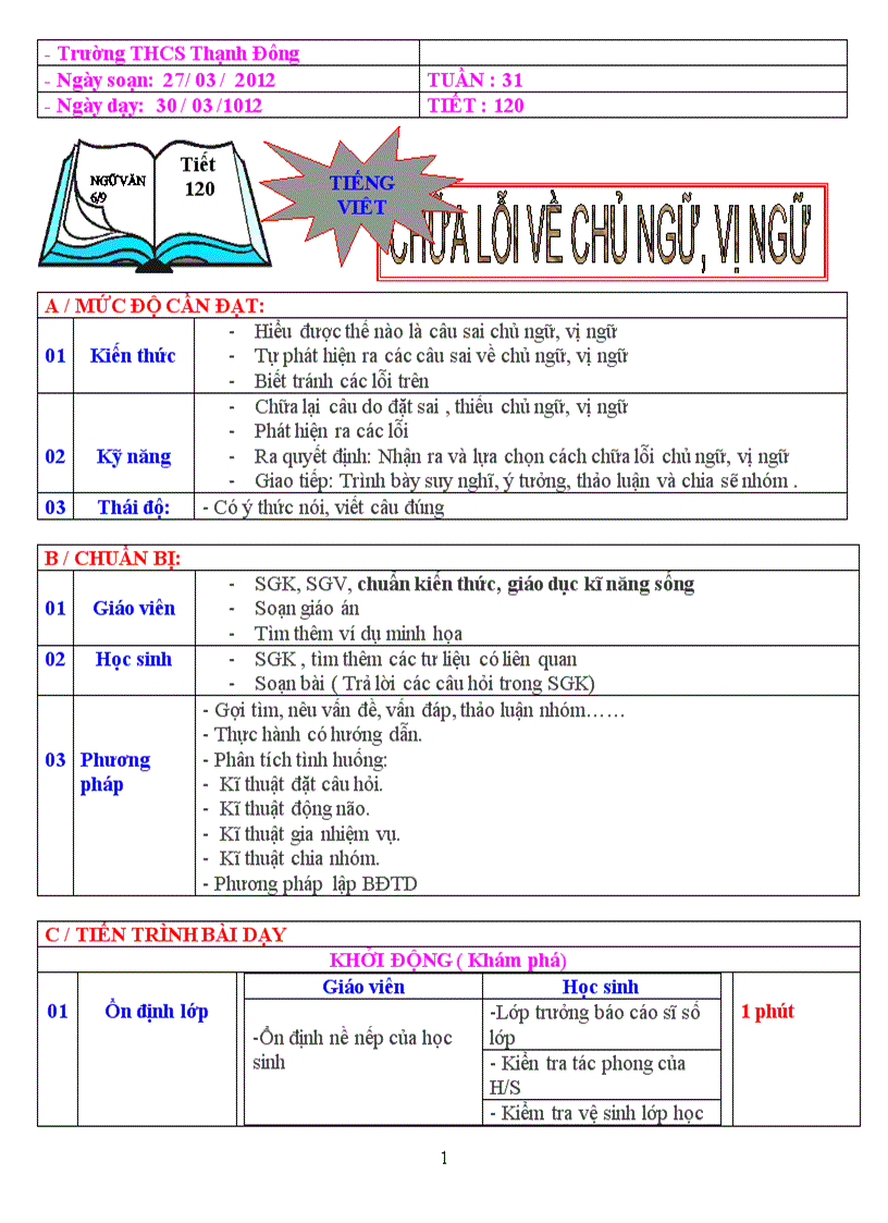 Chữa lỗi về chủ ngữ và vị ngữ