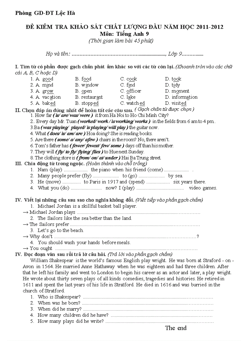 De thi khao sat dau nam Tieng Anh 8 9 co keys
