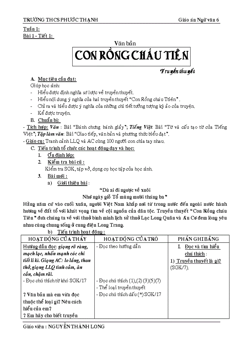 Giáo an văn 6 Bai 1 Con rồng chau tien